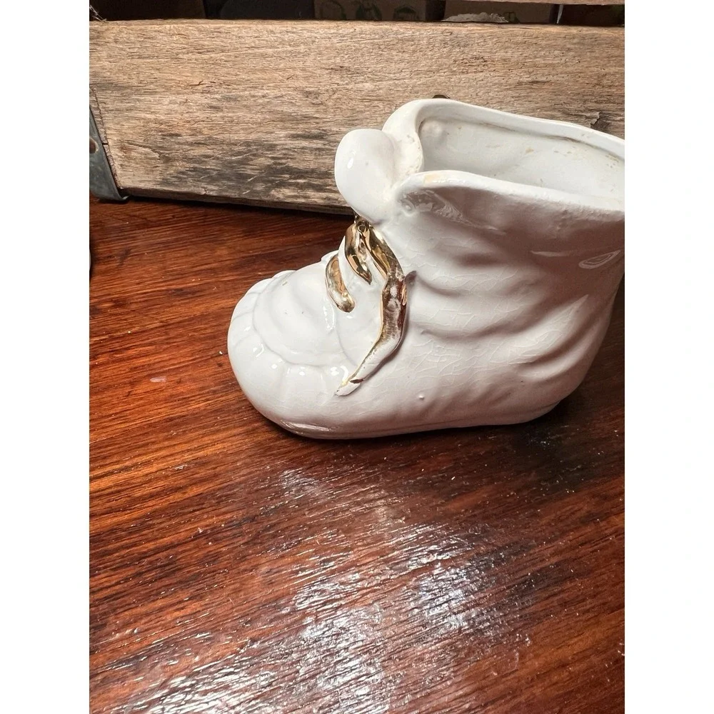 White Vintage Baby Shoe Planter Gold accents Ceramic Succulent‎ Nursery Baby